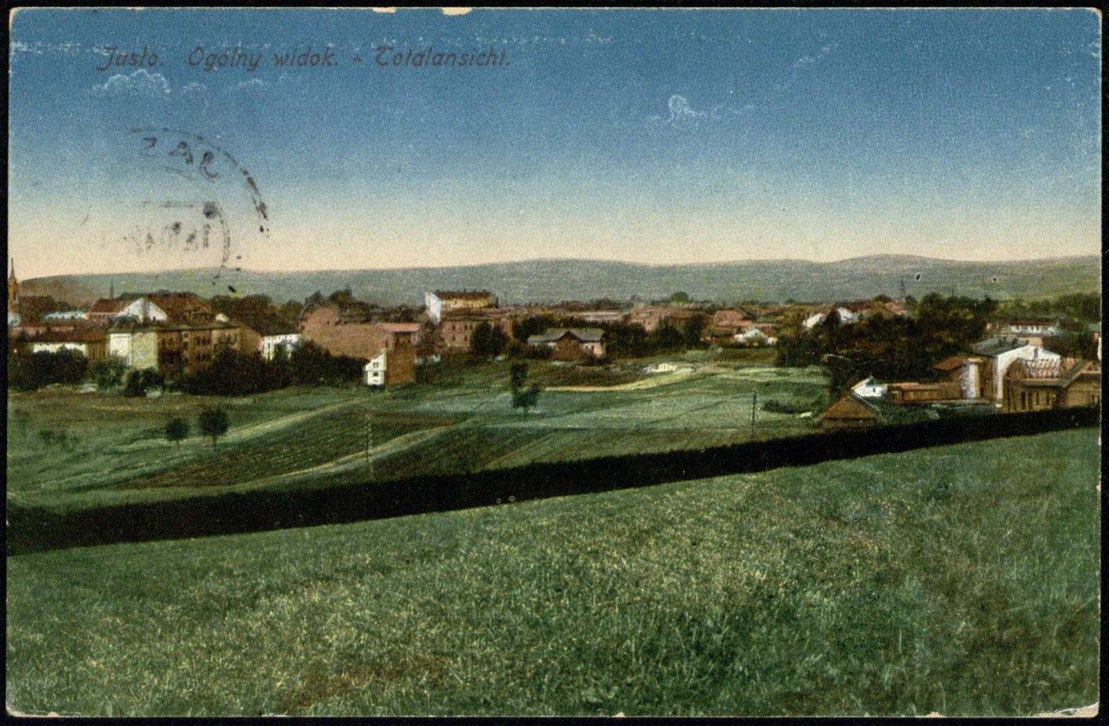 Ogólny widok (Totalansicht), barwna panorama; obieg II WŚ 1942 ze znaczkiem GG, datownik Jasło (do Niemiec)