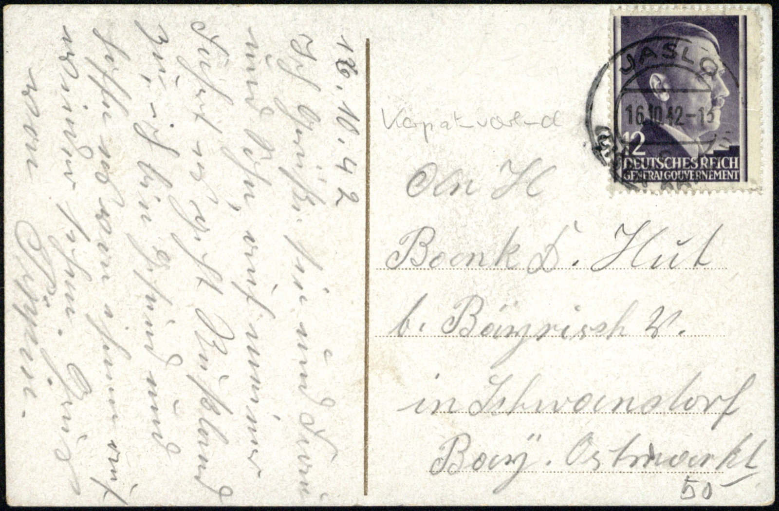 Odwrocie karty: Ogólny widok (Totalansicht), barwna panorama; obieg II WŚ 1942 ze znaczkiem GG, datownik Jasło (do Niemiec)