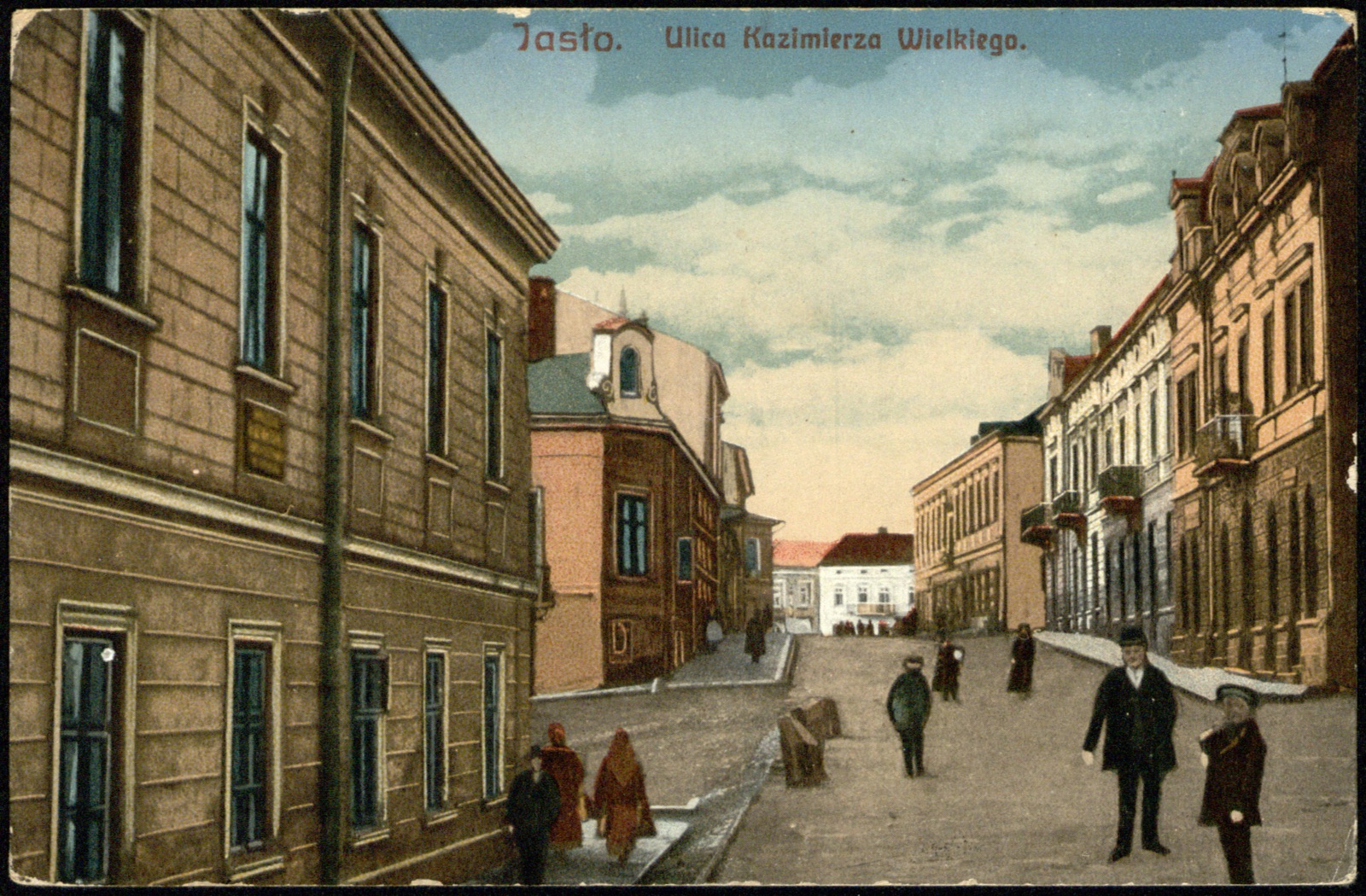 ul. Kazimierza Wielkiego, barwna, ożywiona scena uliczna; obiegowa Feldpost 1914 do Dolnej Austrii (Nakł. „Pracy”, Jasło)
