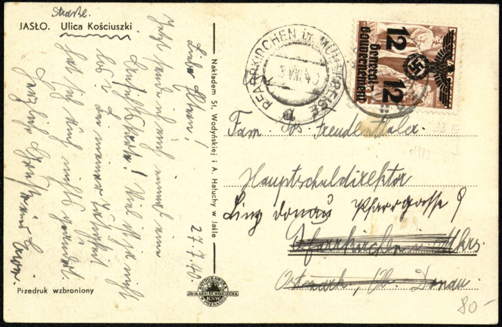 Odwrocie karty: ul. Kościuszki (narożnik z grupą mieszkańców), rotograwiura; obiegowa 1940 z franką General-Gouvernement do „Ostmarku” (Wodyńska i Hałucha)
