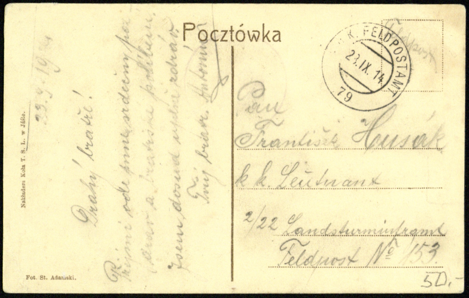 Odwrocie karty: Most kolejowy na Wisłoce (w tle kominy rafinerii), światłodruk; obiegowa Feldpost 1914 do k.k. porucznika (Koło T.S.L., fot. St. Adamski)