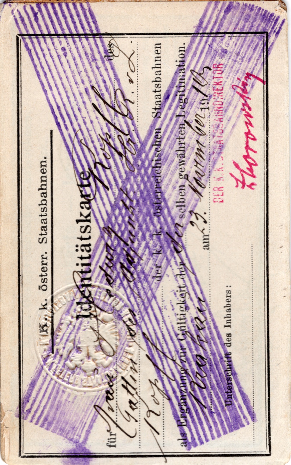 Odwrocie karty: karta tożsamości c.k. Kolei Państwowych ze zdjęciem kobiety, datowana 3 XI 1914