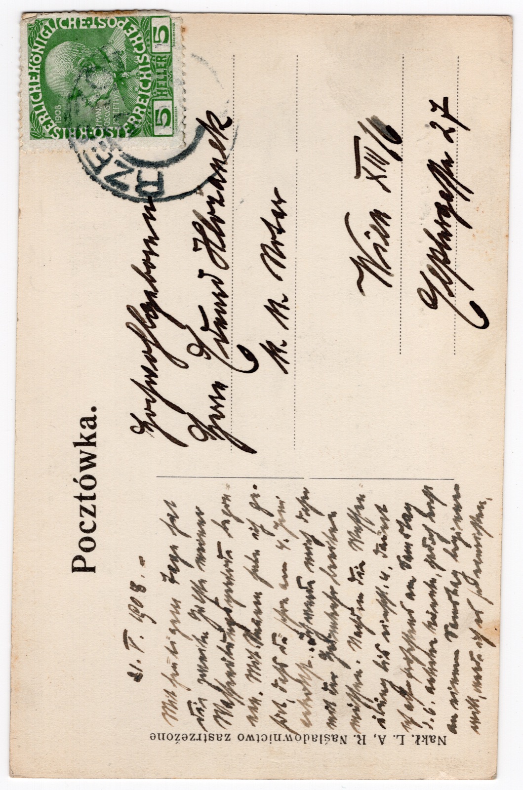 Odwrocie karty: Most na Wisłoku (stalowy most kratownicowy, sztafaż); nakł. L.A.R. (nr 7589); OBIEGOWA do Wiednia (1908)