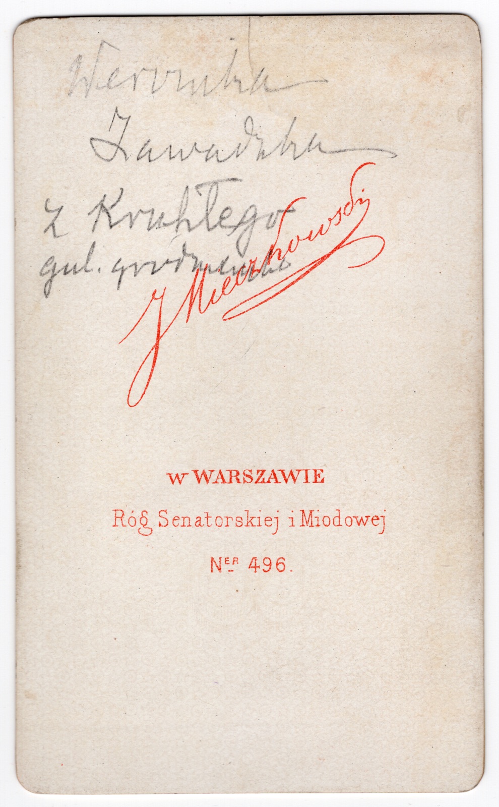 Odwrocie karty: portret Weroniki Zawadzkiej (wizytówka, lata 70.–80. XIX w.)