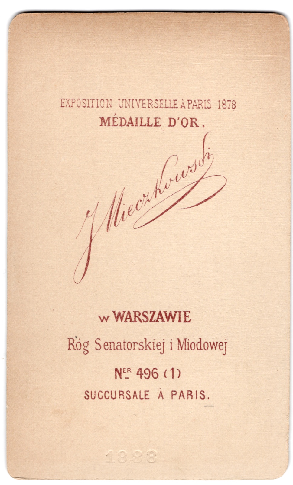 Odwrocie karty: portret młodej kobiety z warkoczem (wizytówka, ok. 1888)