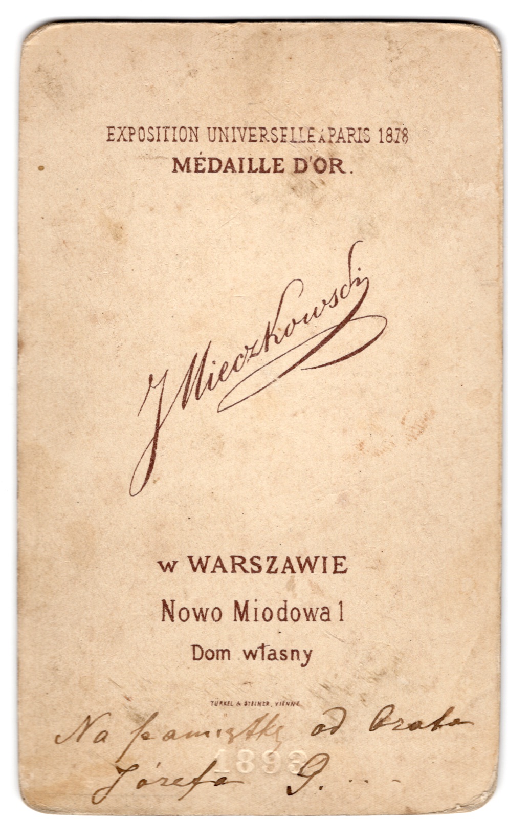 Odwrocie karty: portret młodego mężczyzny („od brata Józefa”, ok. 1893)