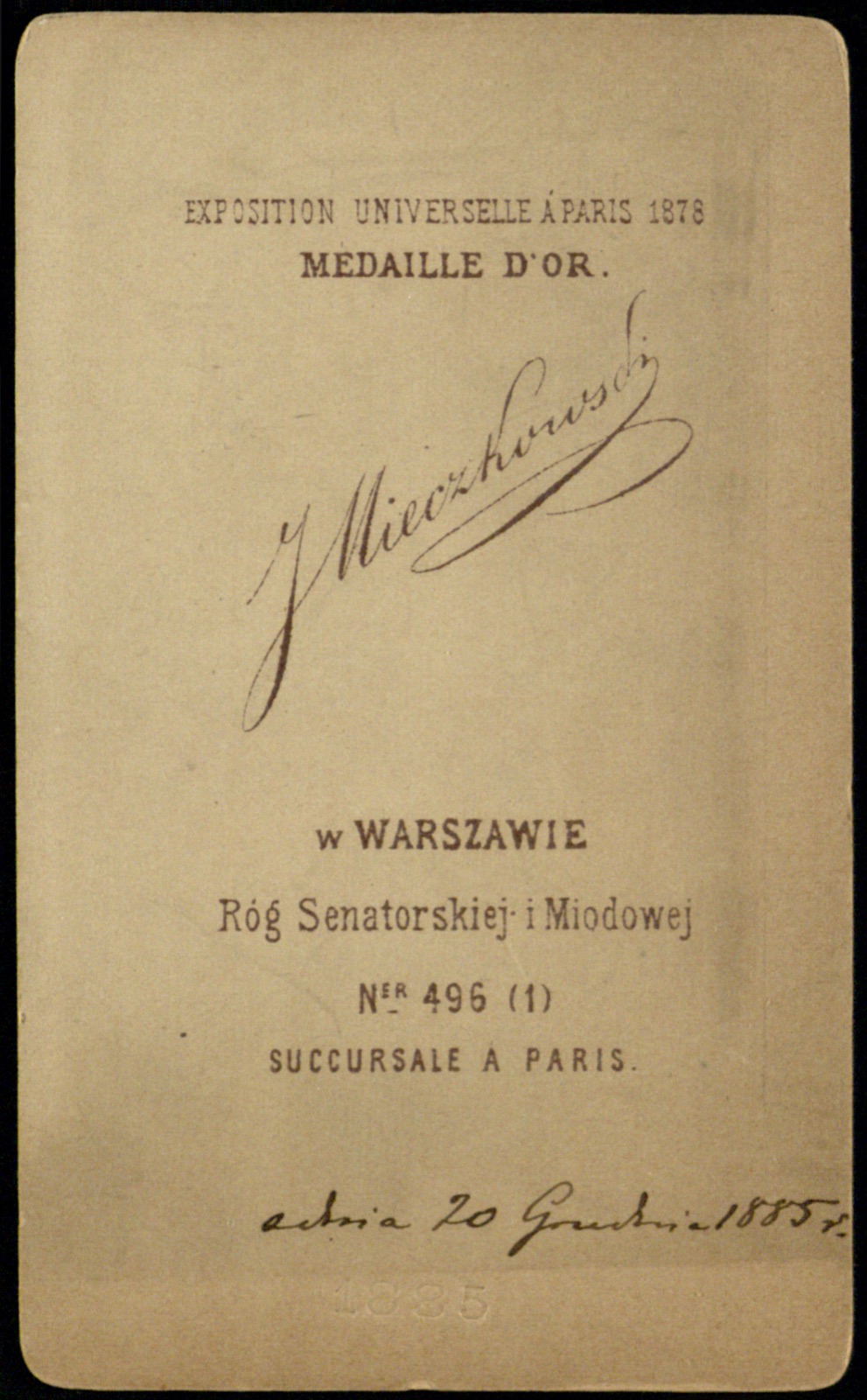 Odwrocie karty: portret małego dziecka (wizytówka, datowana 20 XII 1885)