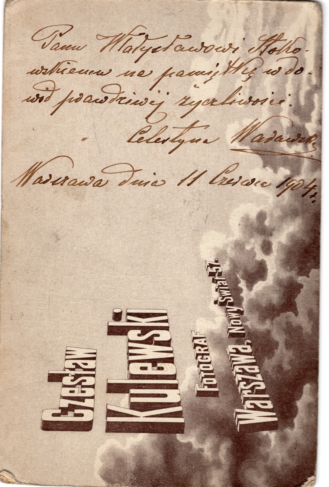 Odwrocie karty: portret starszej kobiety z dedykacją (fotografia gabinetowa, 1904)