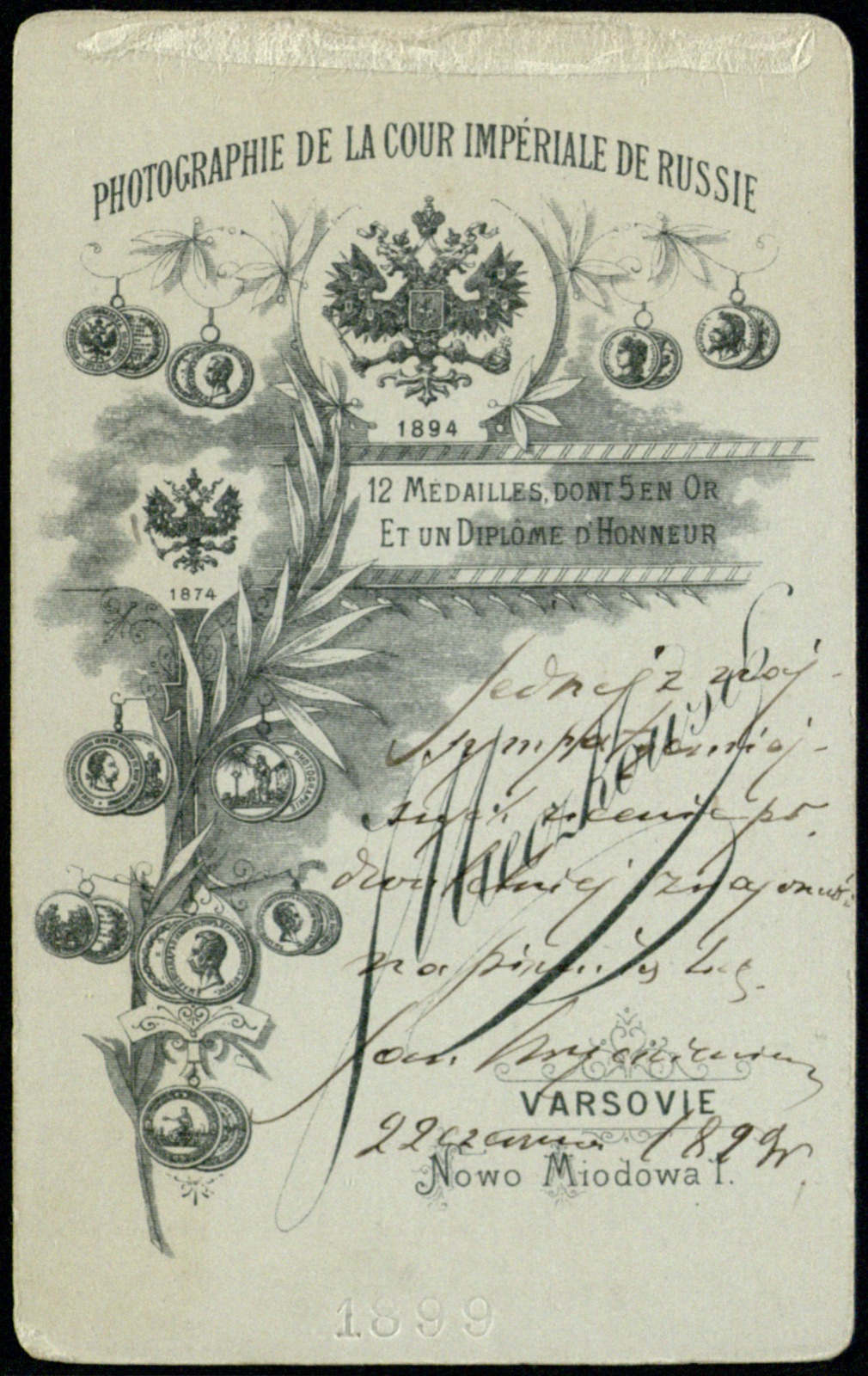 Odwrocie karty: portret młodego mężczyzny z dedykacją (fotografia gabinetowa, 1899)