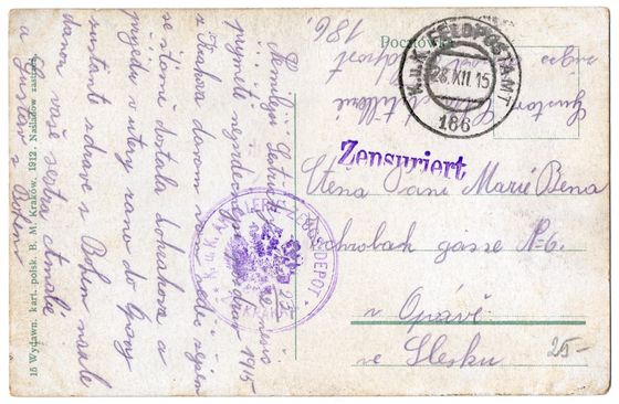 Odwrocie karty: Sukiennice na poczcie polowej, grudzień 1915
