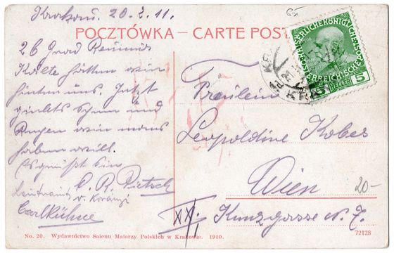 Odwrocie karty: Tramwaj przy Rondlu, kartka do Wiednia