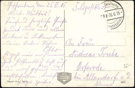 Odwrocie karty: Klomb i latarnia, Feldpost do Orferode