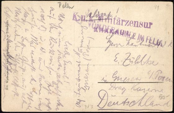 Odwrocie karty: Czarno-biała odmiana narożnika, cenzura k.u.k.