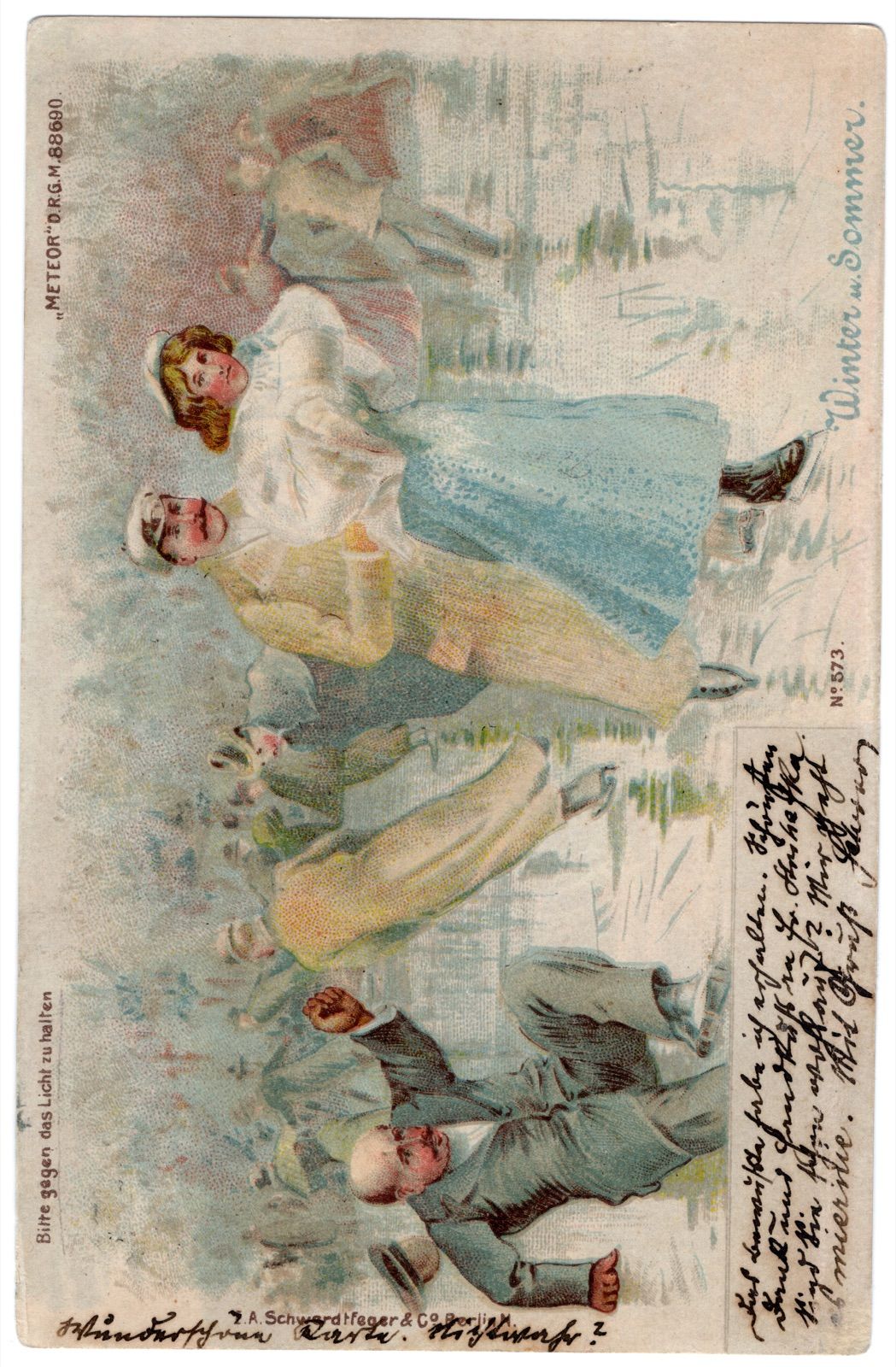 Awers pocztówki „hold-to-light” (Meteor, J. A. Schwerdtfeger & Co, Berlin), „Winter u. Sommer”